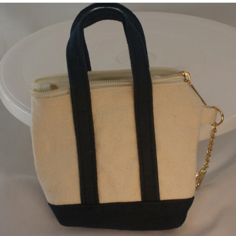 Stone &‎ Stitch Mini Canvas Tote Bag Keychain Pouch Cream Navy Blue Zippered